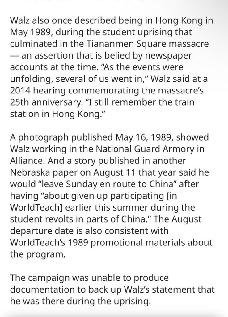 Tim Walz lied and said he was in Hong Kong during the Tianenmen Square massacre in China